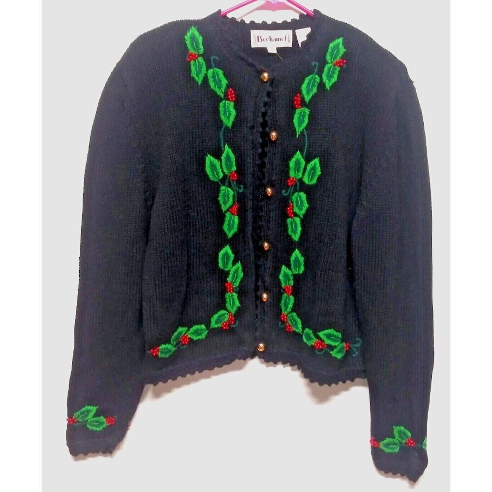 Vintage Bechamel Sweater Womens Sz L Christmas Cardigan Black green red long slv